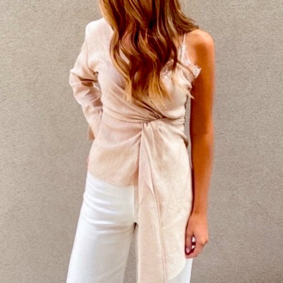 New Zara Beige Tan Asymmetrical Cami V Neck Lace One Shoulder Blouse Top - Picture 6 of 16